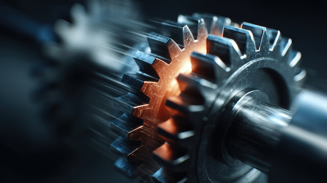 Close-up of interlocking gears in motion, highlighting the concept of teamwork and mechanical function. The interplay of gears signifies efficiency and seamless operations