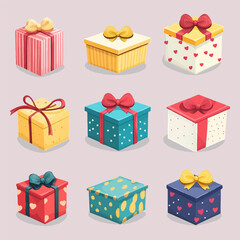 Set, collection of elegant, festive boxes, with bow, ribbon, polka dots, stripes, hearts, a present, a gift