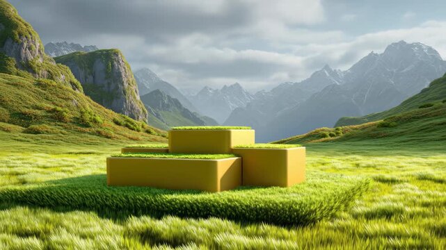 Scenic mountain landscape featuring yellow geometric shapes in a lush green field during daytime