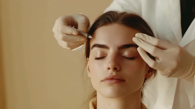 A woman with her eyes closed is having a beauty procedure done by a professional.