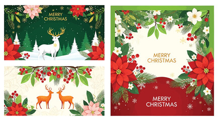 Collection of four festive christmas greeting card designs featuring white and brown reindeer, poinsettia flower, holly berry, pine tree, and winter snow scene illustration