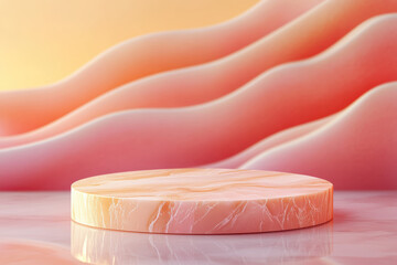 A sophisticated round podium crafted from soft pink marble with white veining. It elegantly stands on a glossy floor, reflecting ambient light to create a luxurious and modern appearance.