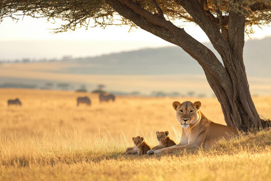 A vigilant lioness lounges beneath a sprawling acacia tree in the savannah. Her sharp gaze keeps a close watch on the horizon as her playful cubs frolic nearby, embodying maternal instinct.