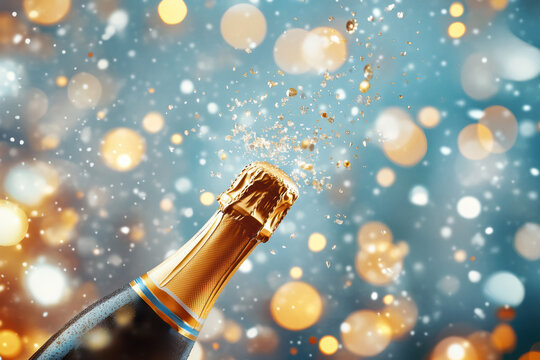 A champagne bottle pops with an effervescent spray, capturing a celebratory moment. Bubbles and fizz create a lively scene, perfect for any festive occasion.