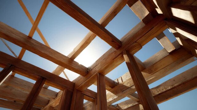Sunlight beams through wooden framework creating a warm atmosphere during the construction of a building