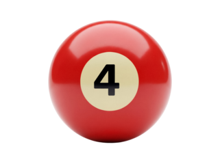 Red billiard ball number 4 PNG isolated on transparent background, snooker ball for pool game and sports design