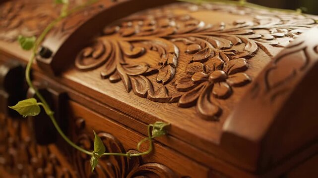 Close up of a beautifully carved wooden chest with floral pattern