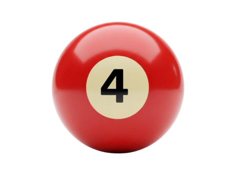 Red billiard ball number 4 PNG isolated on transparent background, snooker ball for pool game and sports design - Powered by Adobe