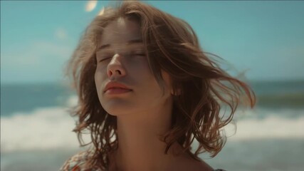 A young woman with closed eyes and windblown hair against a scenic ocean backdrop.