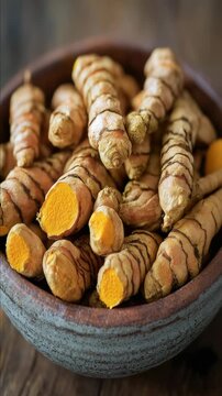 Video Freshly prepared tumeric slices arranged on a wooden table, perfect for cooking or serving