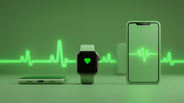 スマホとスマートウォッチに表示される心電図のヘルスケアイメージ