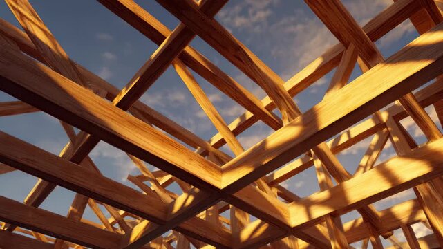 Wooden beams create a captivating framework under a bright sky at a construction site during the late afternoon