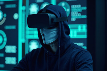 Hooded and masked virtual reality hacker stealing data from a digital vault.