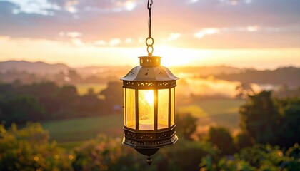 A decorative lantern hangs in front of a beautiful landscape at sunset, with a warm, glowing light illuminating the scene.