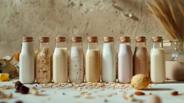 A row of milk bottles with different flavors. Some of the bottles are labeled with the flavor. There are also nuts and oatmeal on the table