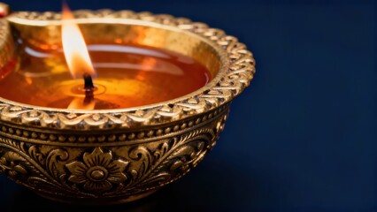A brass-carved diya oil lamp for India's Diwali burns warm light against a deep blue background, conveying the festival's blessings and traditional sense of ceremony.