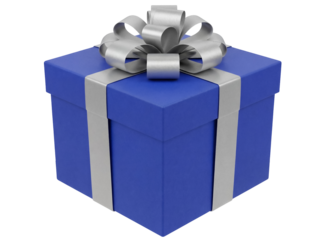 Blue gift box with silver ribbon and bow isolated PNG, present for birthday or Christmas celebration on transparent background