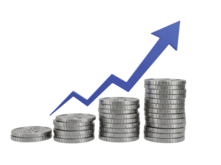Stacks of silver coins with blue arrow isolated PNG, financial growth and investment concept for business and economic success