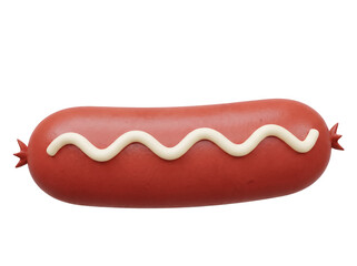 Cartoon sausage with mustard isolated PNG, 3D rendered hotdog with wavy sauce on transparent background, food clipart for design and decoration