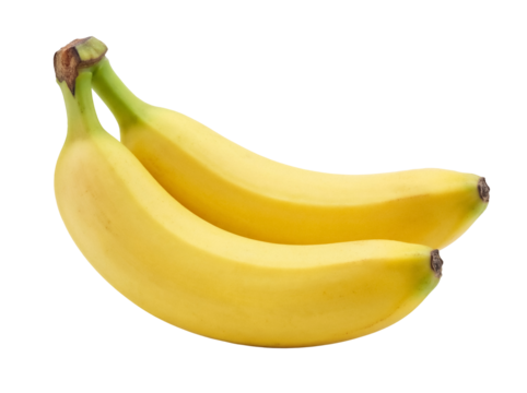 Two ripe yellow bananas isolated PNG on transparent background, tropical fruit for healthy eating and smoothie ingredient