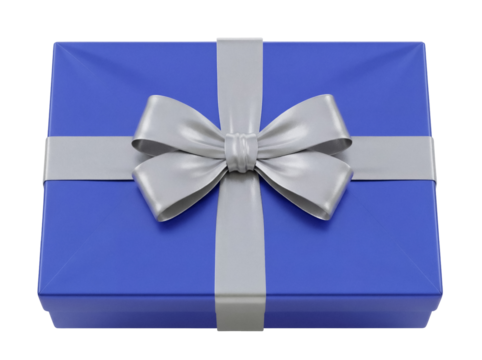 Blue gift box with silver ribbon isolated PNG, present for birthday or Christmas celebration on transparent background