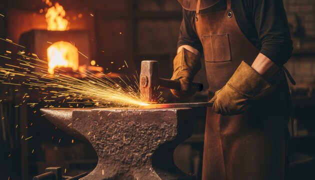 Blacksmith hammering a glowing hot metal bar on a heavy anvil, creating a shower of bright sparks in a traditional workshop with a warm furnace fire in the background
