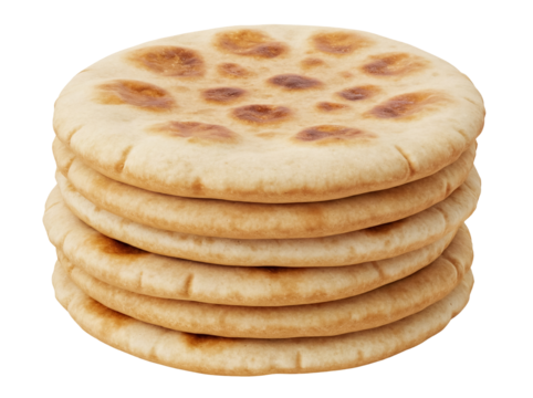 Stack of five pita breads isolated PNG on transparent background, traditional Middle Eastern flatbread for healthy eating and Mediterranean cuisine