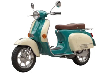 Selbstklebende Fototapeten Roller Retro turquoise scooter PNG isolated on transparent background, vintage moped with brown seat for transportation and urban lifestyle  © Ryan