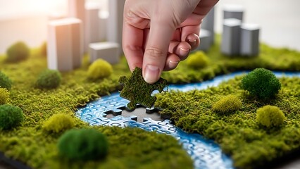 Hand placing a green puzzle piece, symbolizing environmental solutions and sustainability