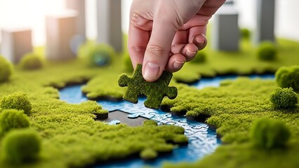 Hand placing a green puzzle piece, symbolizing environmental solutions and sustainability