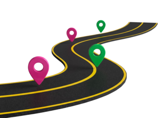Curvy road with pink and green location pins isolated PNG, navigation concept for travel planning and route optimization
