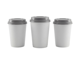 Three disposable coffee cups with gray lids PNG isolated on transparent background, takeaway beverage containers for hot drinks