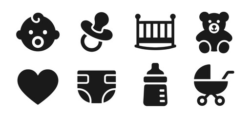 Fototapeta premium Baby icon collection in black. Includes baby face, pacifier, crib, teddy bear, heart, diaper, milk bottle, and stroller