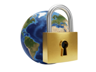 Golden padlock securing Earth PNG isolated on transparent background, global security and data protection concept for digital safety