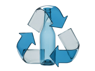 Blue glass bottle with recycling symbol PNG isolated on transparent background, eco-friendly design element for environmental projects