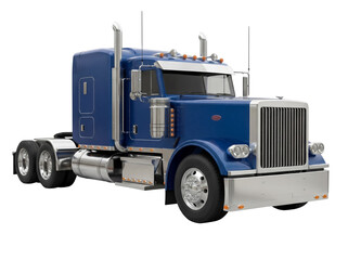 Blue semi-truck PNG isolated on transparent background, classic American tractor trailer for freight transport and logistics