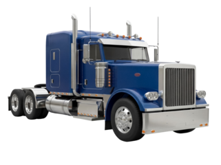 Blue semi-truck PNG isolated on transparent background, classic American tractor trailer for freight transport and logistics