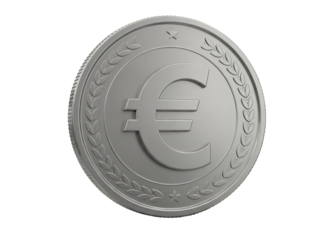 Silver euro coin PNG isolated on transparent background, currency symbol with star and laurel wreath for finance and investment concepts