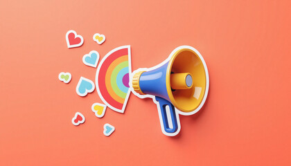 Colorful megaphone with rainbow and hearts on orange background