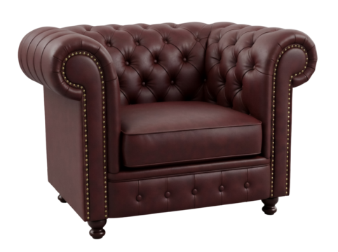 Elegant brown leather Chesterfield armchair isolated PNG, classic button-tufted furniture for living room or study, no background