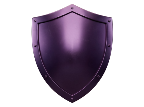 Purple medieval shield isolated PNG on transparent background, fantasy armor for protection and defense in games and graphic design