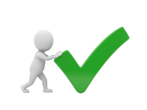 3D stick figure pushing a green check mark PNG isolated on transparent background, concept of approval and success