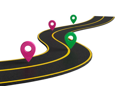 Curvy road with pink and green location pins isolated PNG, navigation concept for travel planning and route optimization