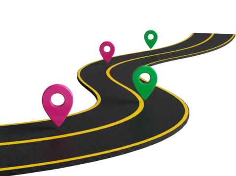 Curvy road with pink and green location pins isolated PNG, navigation concept for travel planning and route optimization
