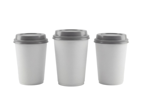 Three disposable coffee cups with gray lids PNG isolated on transparent background, takeaway beverage containers for hot drinks