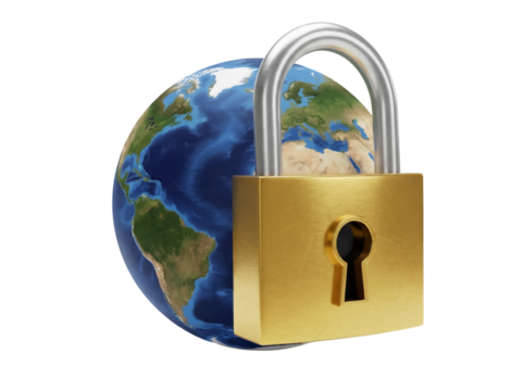 Golden padlock securing Earth PNG isolated on transparent background, global security and data protection concept for digital safety