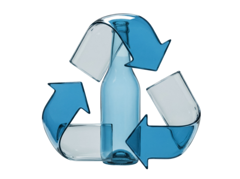Blue glass bottle with recycling symbol PNG isolated on transparent background, eco-friendly design element for environmental projects