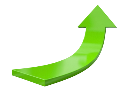 Bright green curved arrow pointing up isolated PNG, growth and success concept for business presentations and web design