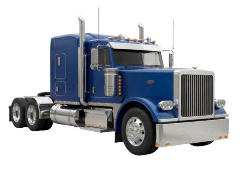Blue semi-truck PNG isolated on transparent background, classic American tractor trailer for freight transport and logistics