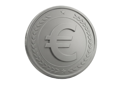 Silver euro coin PNG isolated on transparent background, currency symbol with star and laurel wreath for finance and investment concepts